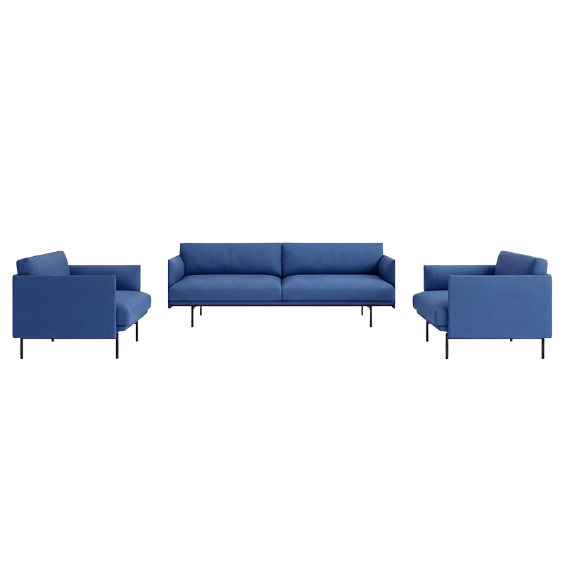 Modern blue fabric office lounge sofa set, 3-seater sofa with two single armchairs