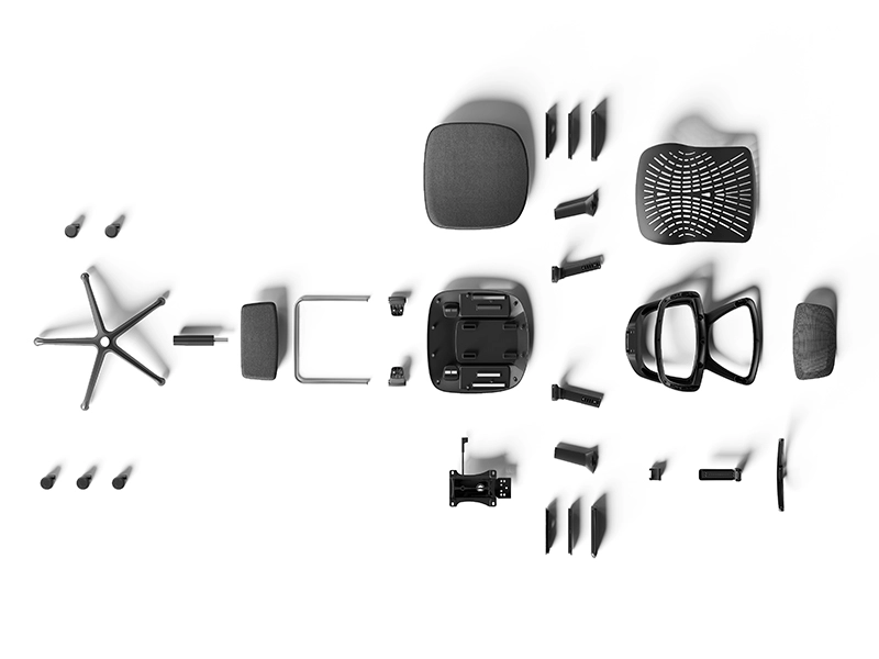 Exploded view of commercial ergonomic office mesh chair, showing all separate components including mesh back, seat cushion, five-star base and adjustment hardware, Kepo Space office furniture