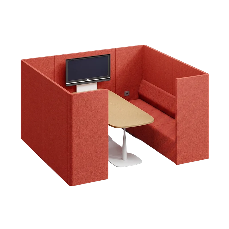 Enclosed office privacy booth sofa with table and monitor, quiet workspace seating