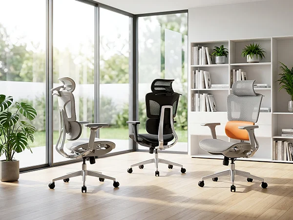 Multiple ergonomic mesh office chairs displayed in bright modern office room