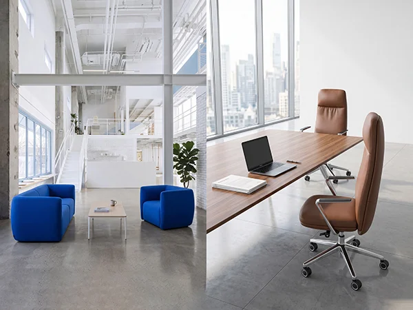 High back leather executive office chairs and blue fabric reception lounge sofa for corporate office lobby