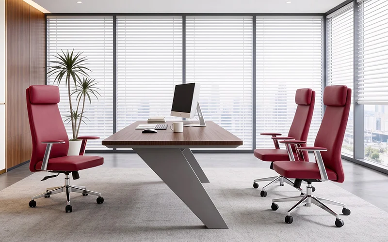 High back red leather executive office chairs set in modern executive office workspace