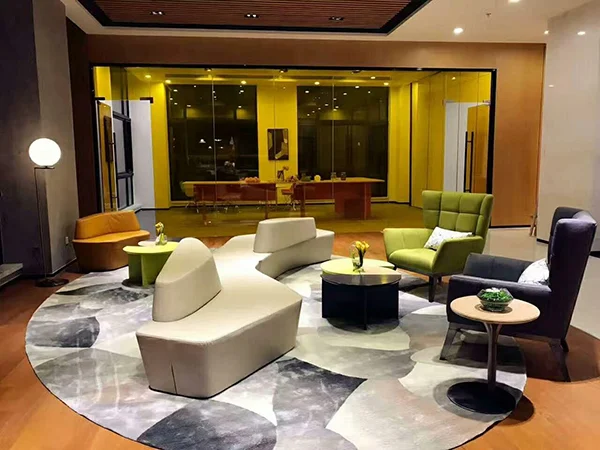 Commercial office project, curved modular upholstered sofa set for office visitor discussion lounge