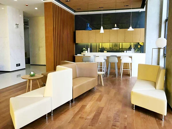 Commercial office project, flexible modular leather sofa set for office pantry and breakout lounge zone