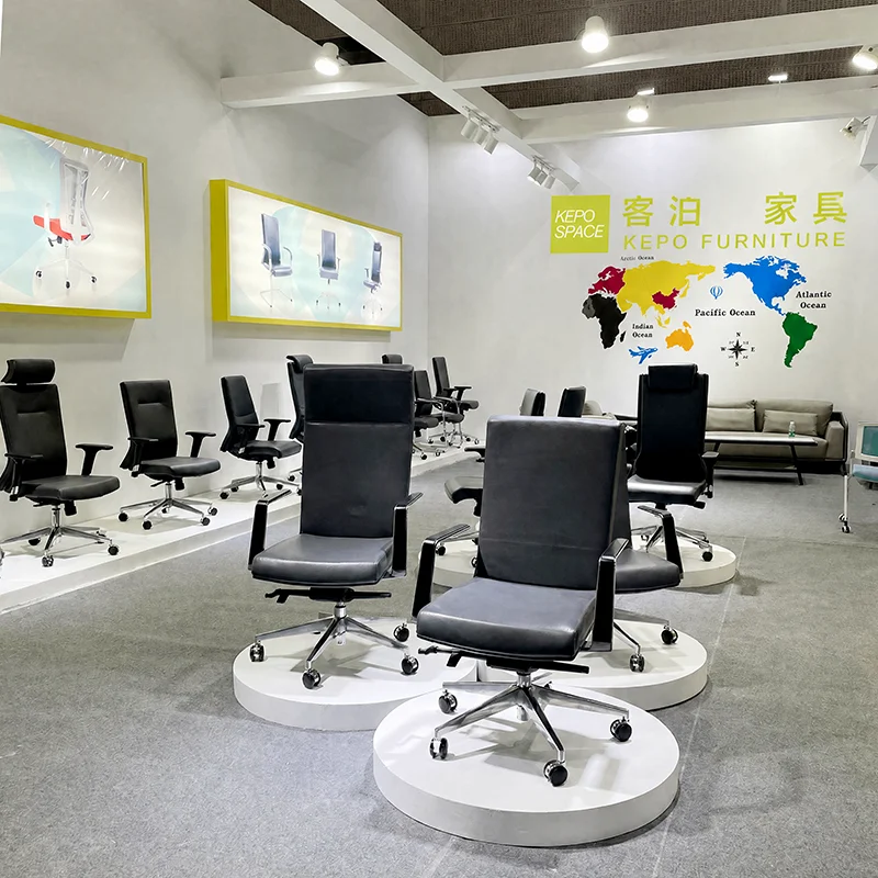 KEPO-SPACE exhibition showroom display of high-back and mid-back leather office chairs