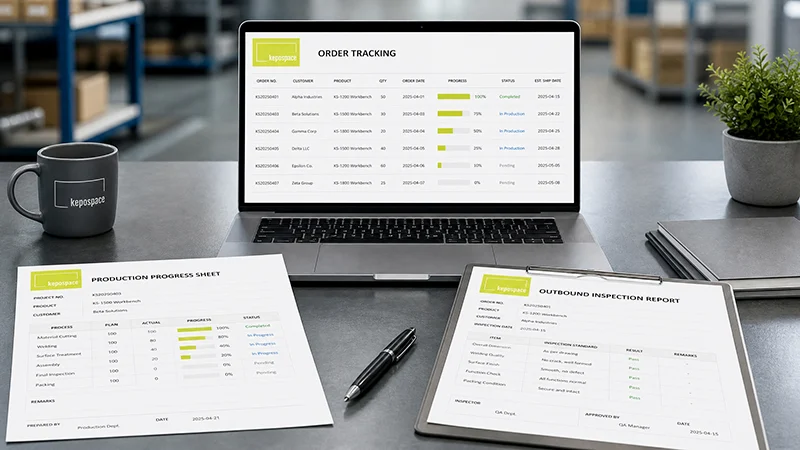KEPO SPACE order tracking dashboard, production progress sheet and pre-shipment inspection report for office furniture bulk orders