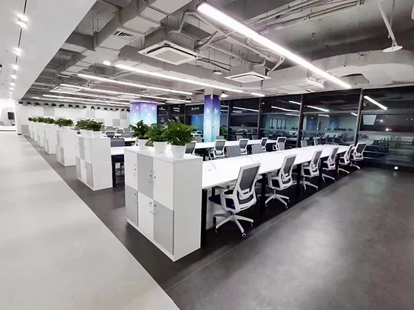 Commercial modern office project, minimalist workspace with white frame mesh ergonomic office chairs