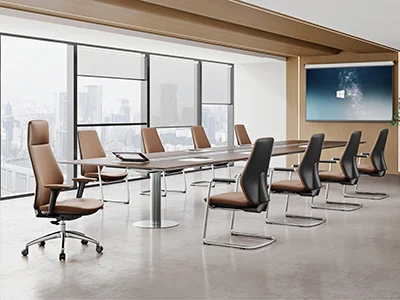 Boardroom interior with leather high back executive office chairs and large meeting table