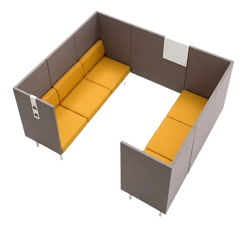 U-shaped office booth sofa with high partition panels, modular private seating for office breakout zones
