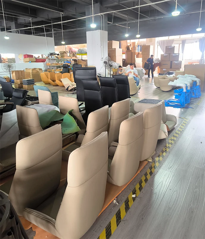 Semi-finished leather office chair backrests in KEPO-SPACE Foshan production workshop