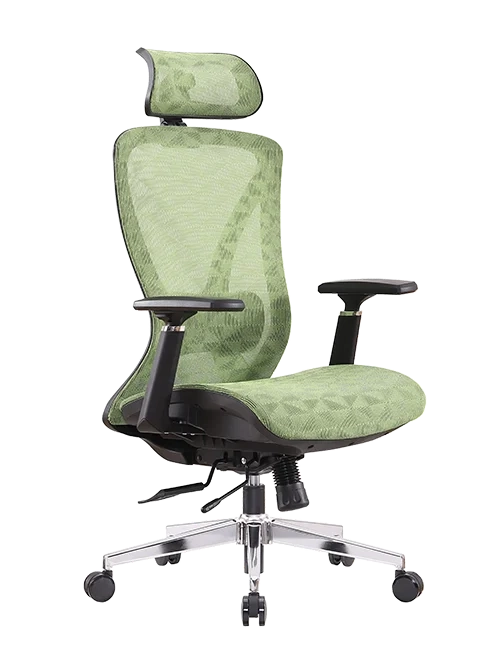 Green mesh ergonomic office chair with headrest, adjustable lumbar support for commercial workspace