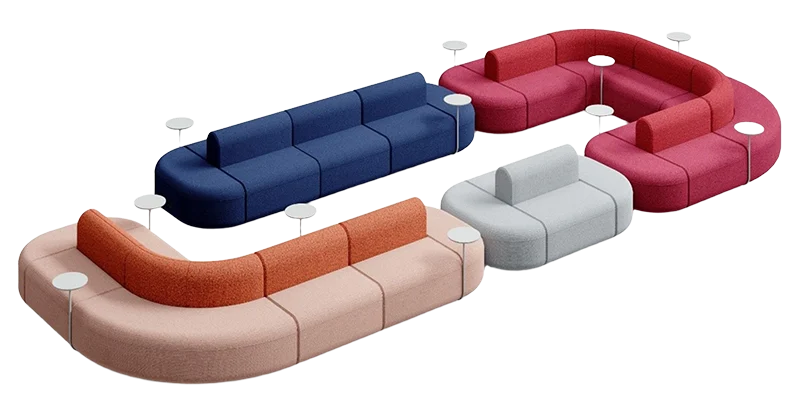 Multi-color modular office lounge sofa set with curved segments and side tables for reception area