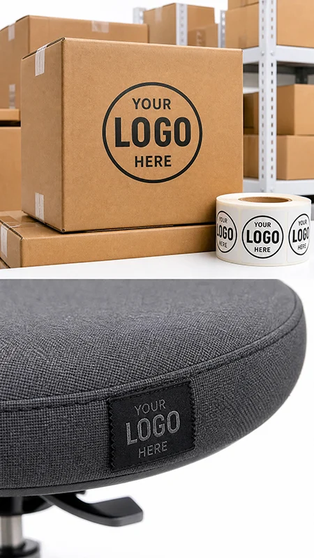 Custom private label solution for office chairs, custom logo on fabric tag and shipping carton for wholesale buyers