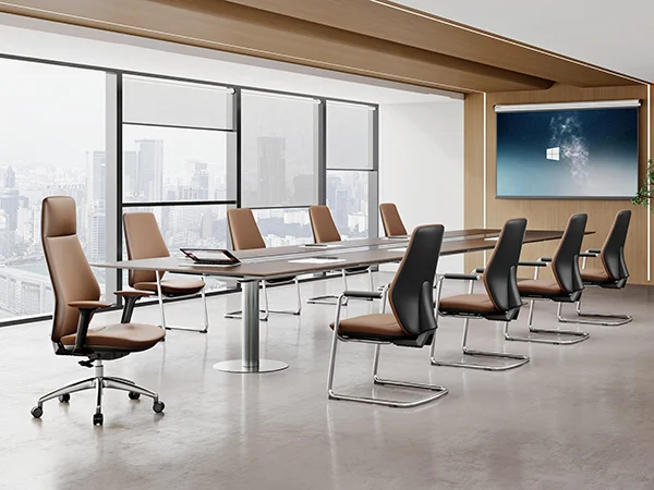 Modern boardroom set with high back leather conference chairs and large conference table