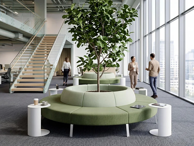 Curved modular booth sofa in modern open public office lounge, large circular fabric seating for collaborative breakout space, commercial project furniture Kepo Space