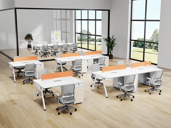 Open plan office workstation layout with ergonomic mesh staff office chairs