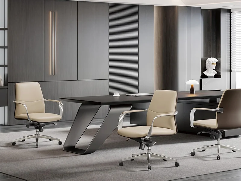 Premium leather executive office chairs inside dark luxury manager office with modern executive desk, mid-back leather office seating for boardroom, Kepo Space