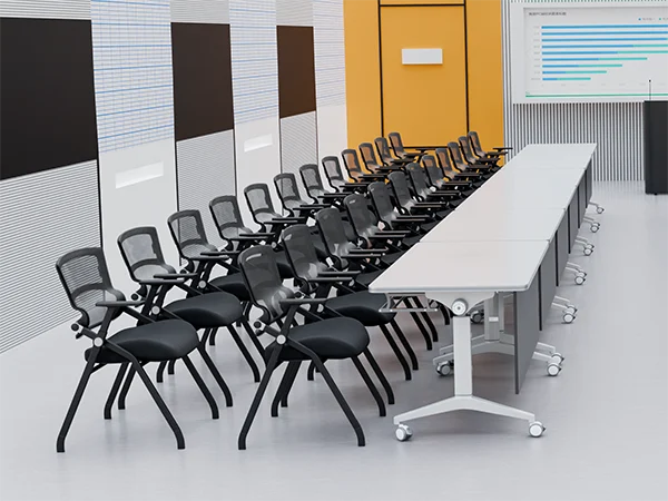 Training room setup with folding training chairs and mobile flip-top tables