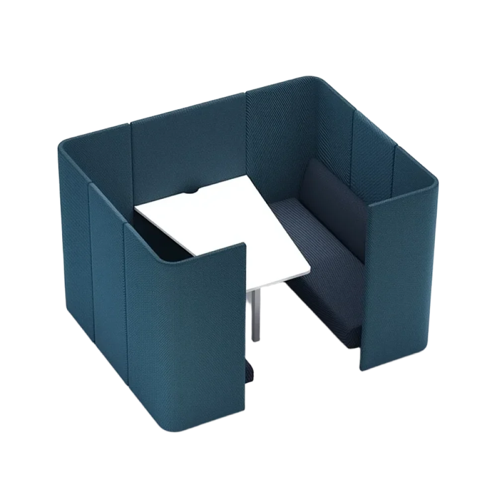 Dark teal office privacy booth sofa with high acoustic partition panels and built-in table for quiet meeting
