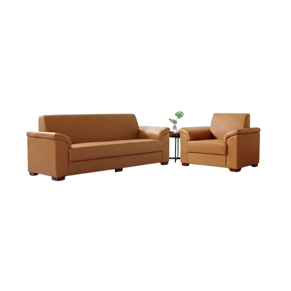 Tan leather office reception sofa set for business lobby, 3-seater sofa plus single armchair